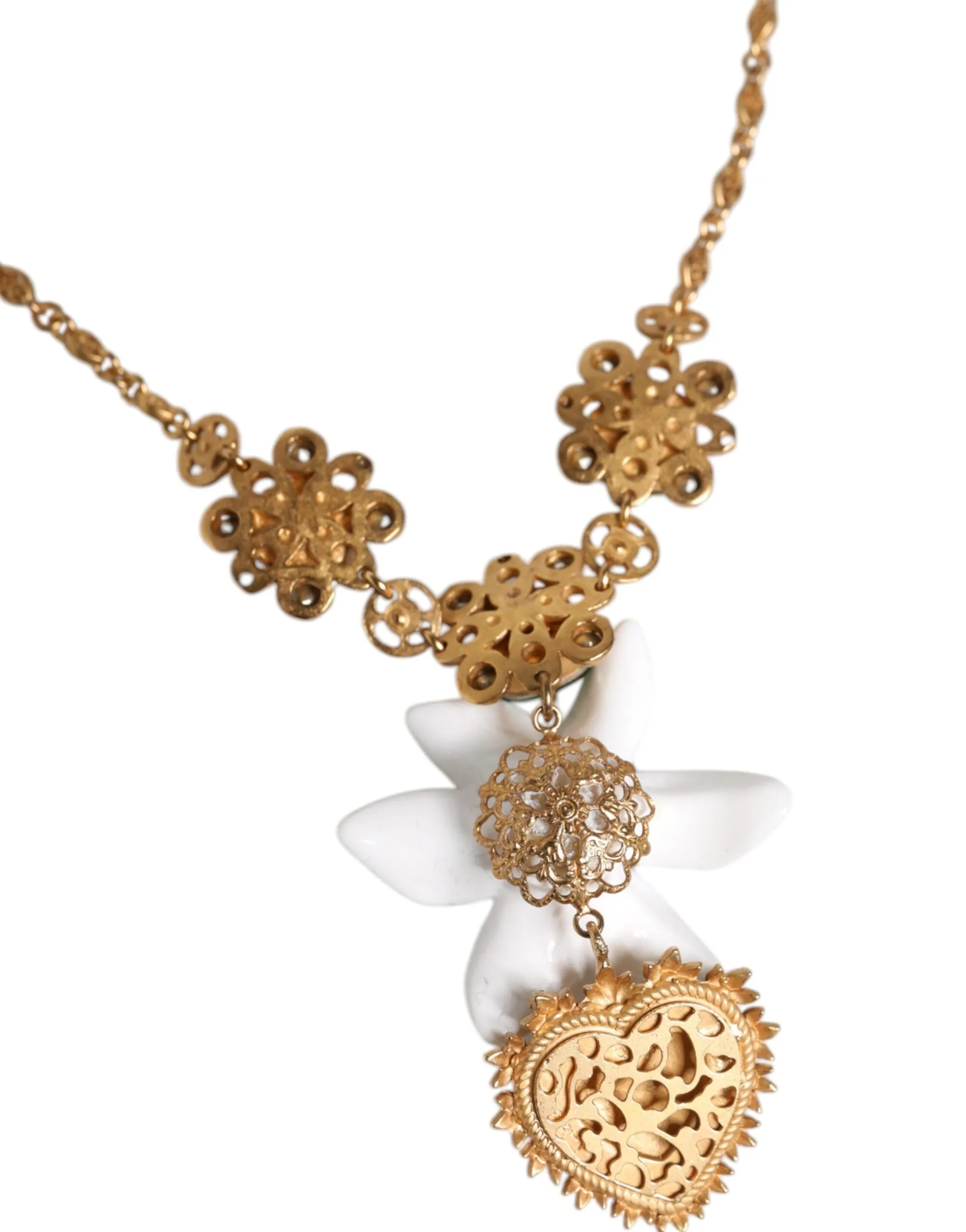 Gold Brass Lily Crystal Sacred Heart Pendant Necklace