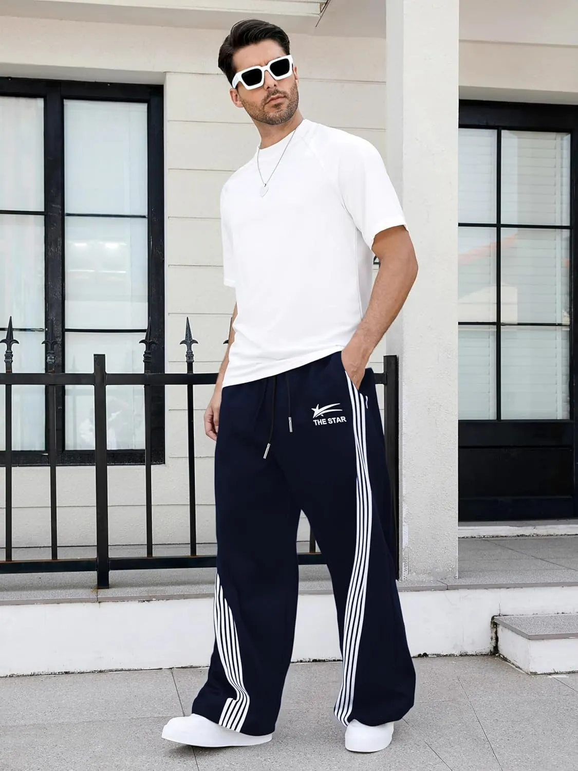 GORGLITTER Men's Wide Leg Baggy Sweatpants Y2k Striped Side Drawstring Waist Track Pants with Pockets