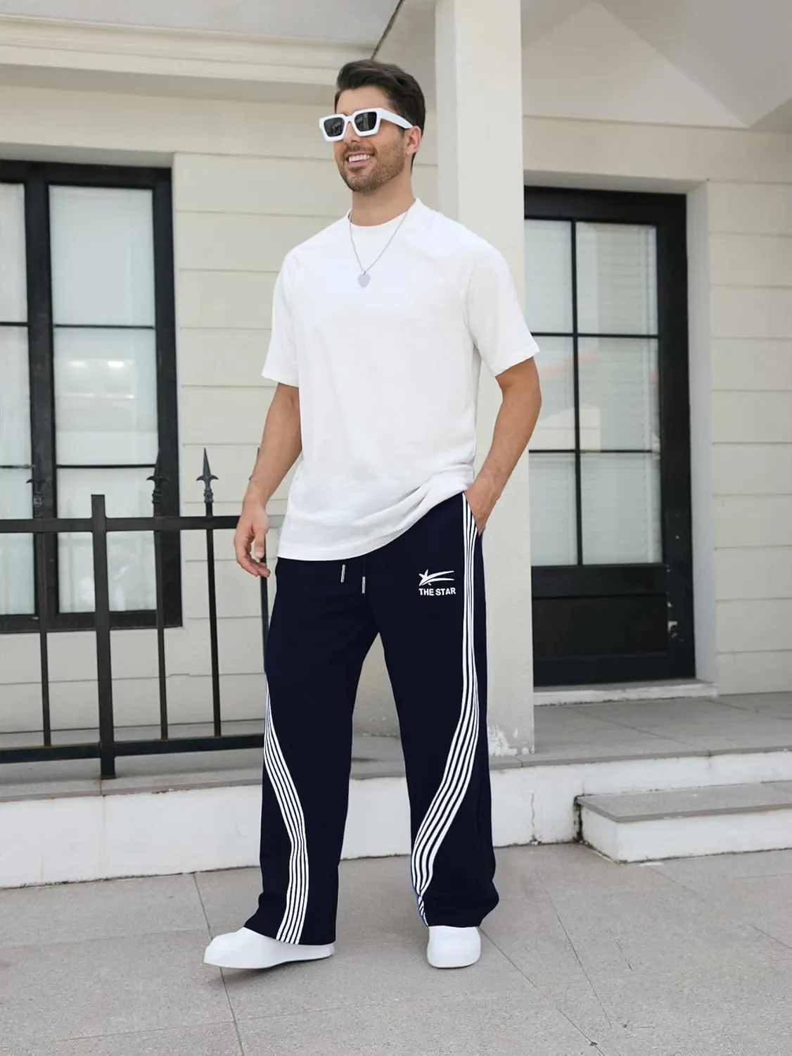 GORGLITTER Men's Wide Leg Baggy Sweatpants Y2k Striped Side Drawstring Waist Track Pants with Pockets