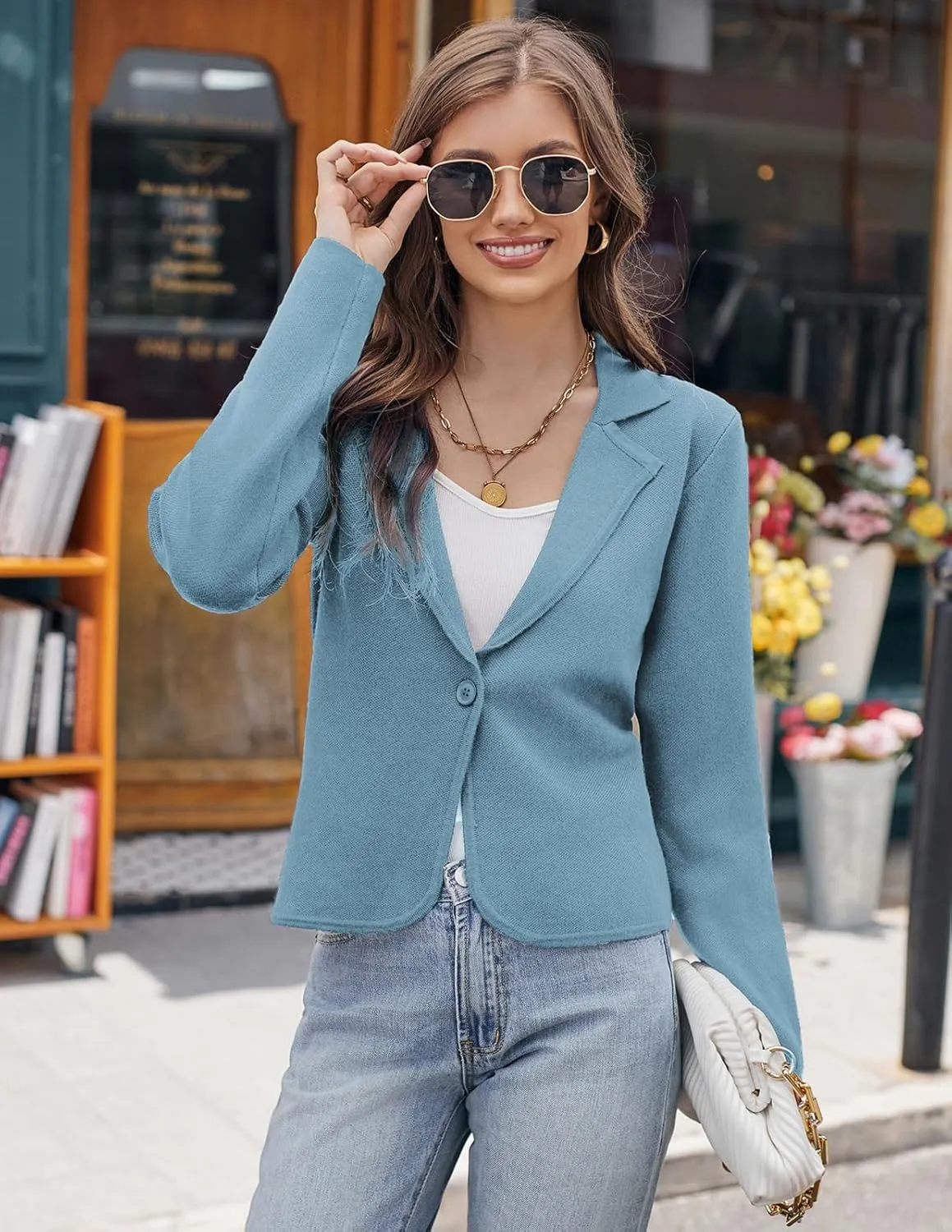 GRACE KARIN Women Sweater Blazer Casual Work Croppped Cardigan Lightweight Button Front Short Knit Blazer Jacket S-XXL