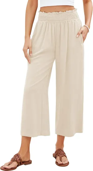 GRAPENT Capri Pants for Women High Waisted Wide Leg Linen Palazzo Trousers Pull On Elastic Smock Waist Loose Flowy Pants