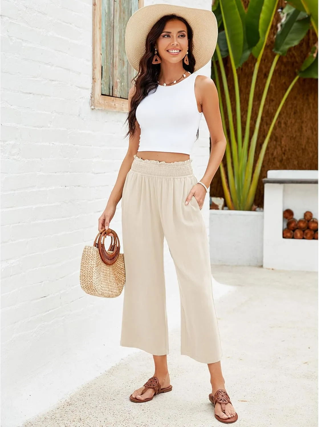 GRAPENT Capri Pants for Women High Waisted Wide Leg Linen Palazzo Trousers Pull On Elastic Smock Waist Loose Flowy Pants