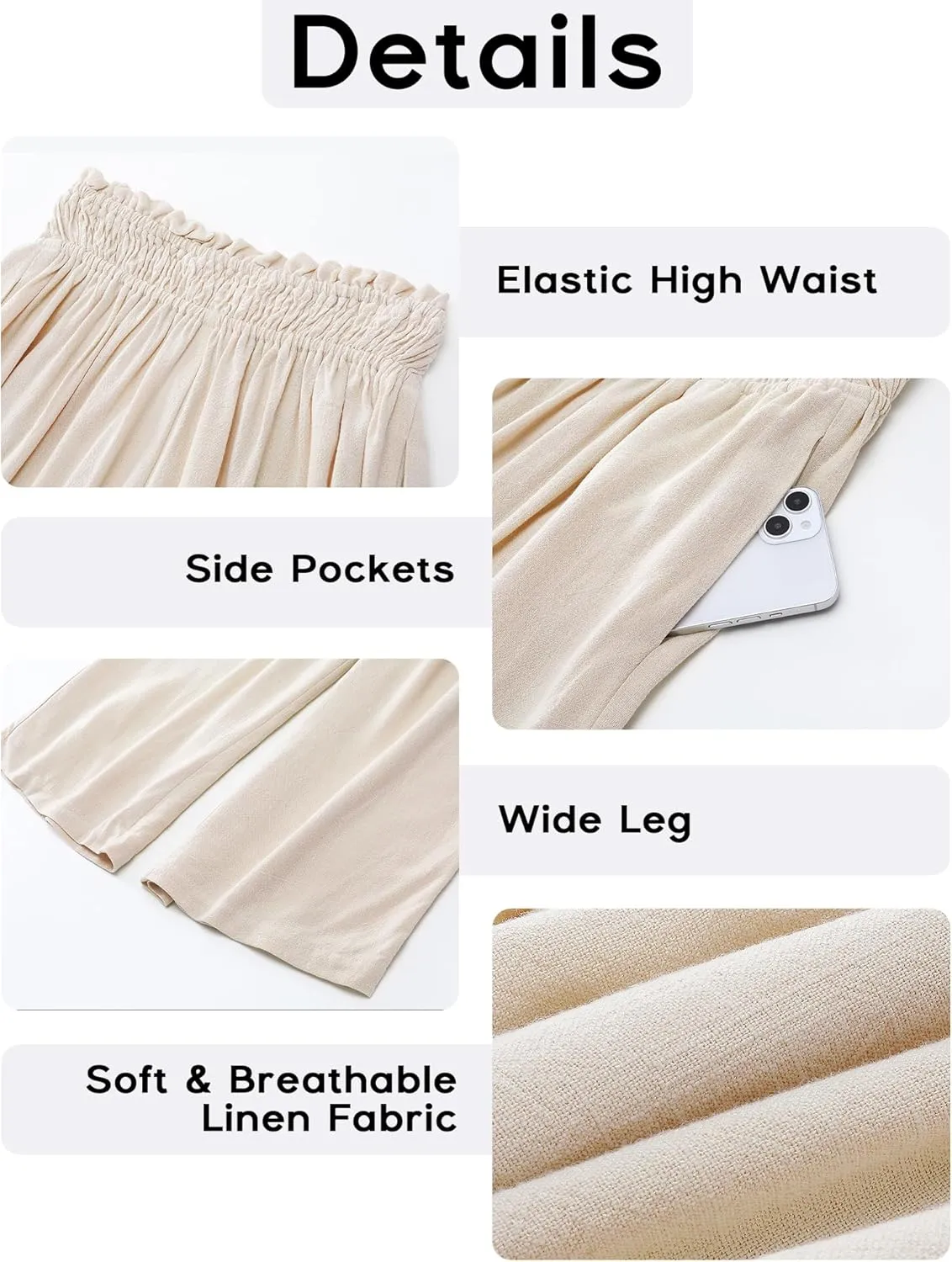 GRAPENT Capri Pants for Women High Waisted Wide Leg Linen Palazzo Trousers Pull On Elastic Smock Waist Loose Flowy Pants