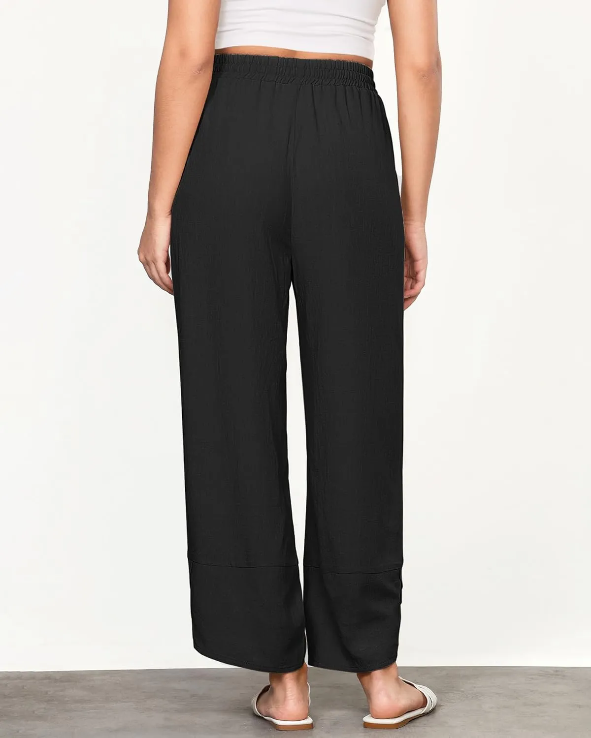 GRAPENT Linen Pants Women High Waisted Wide Leg Casual Beach Pull On Elastic Waist Summer Cropped Pants with Pockets