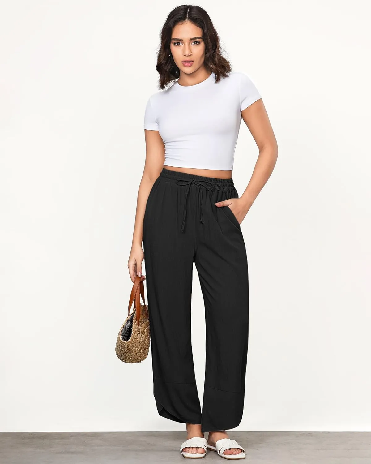 GRAPENT Linen Pants Women High Waisted Wide Leg Casual Beach Pull On Elastic Waist Summer Cropped Pants with Pockets