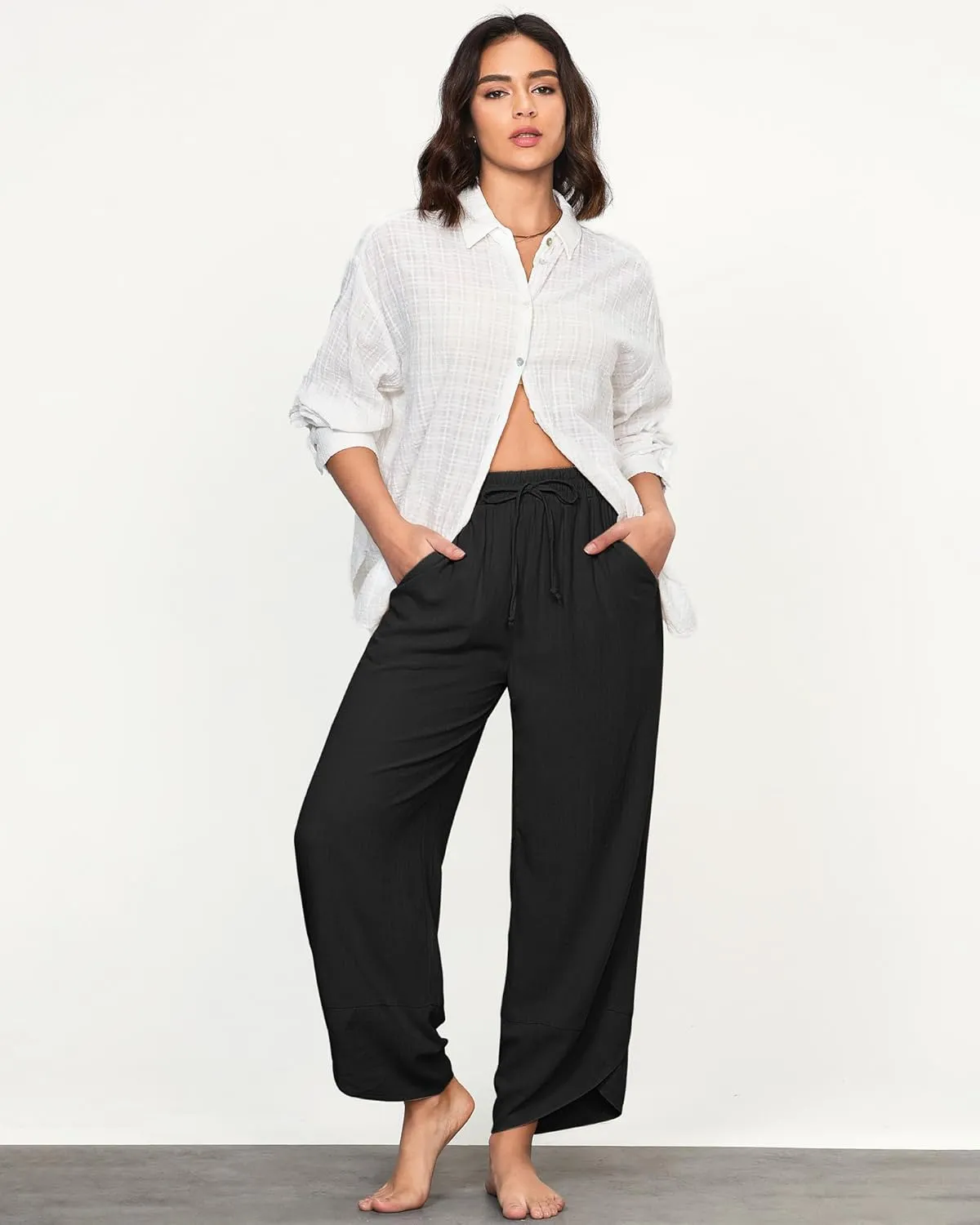 GRAPENT Linen Pants Women High Waisted Wide Leg Casual Beach Pull On Elastic Waist Summer Cropped Pants with Pockets