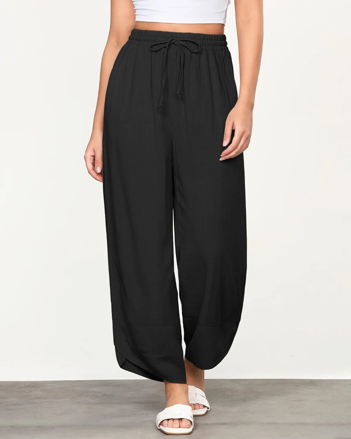 GRAPENT Linen Pants Women High Waisted Wide Leg Casual Beach Pull On Elastic Waist Summer Cropped Pants with Pockets