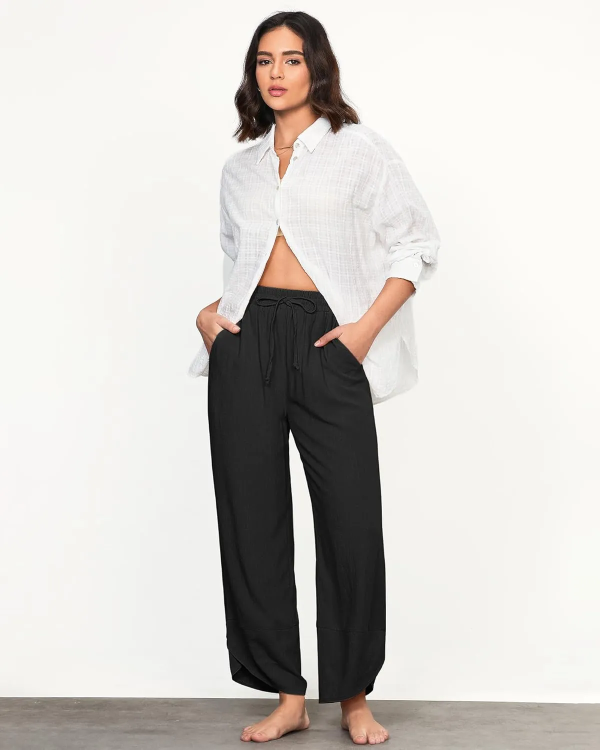 GRAPENT Linen Pants Women High Waisted Wide Leg Casual Beach Pull On Elastic Waist Summer Cropped Pants with Pockets