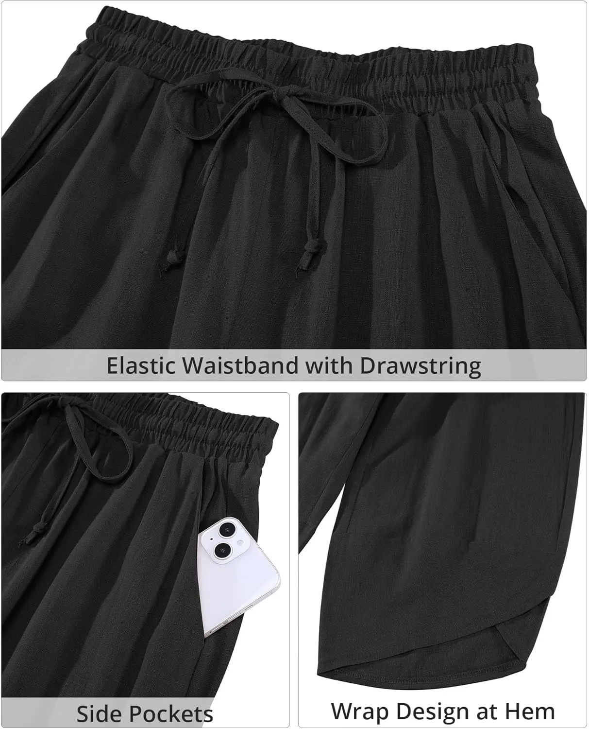 GRAPENT Linen Pants Women High Waisted Wide Leg Casual Beach Pull On Elastic Waist Summer Cropped Pants with Pockets