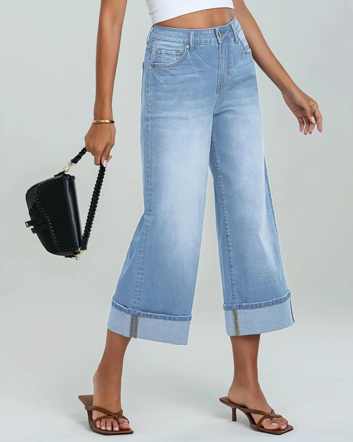 GRAPENT Wide Leg Jeans for Women High Waisted Stretchy Denim Crop Pants Fold Hem Cropped Baggy Jeans with Pockets