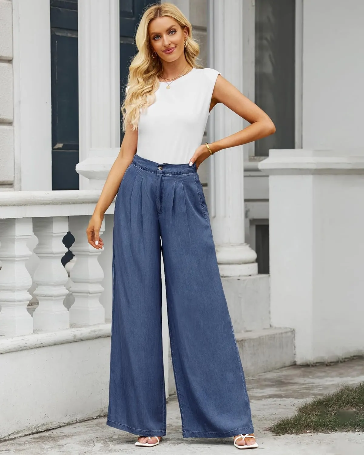 GRAPENT Wide Leg Pants for Women High Waisted Jeans Palazzo Pants Lightweight Summer Beach Flowy Trousers Y2K