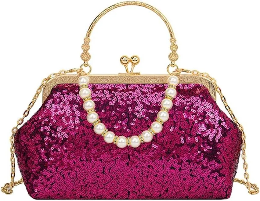 Handbag for Women Bridal Wedding Purse Elegant Beaded Pearl Shoulder Glitter Crossbodyd Vintage Evening Clutch