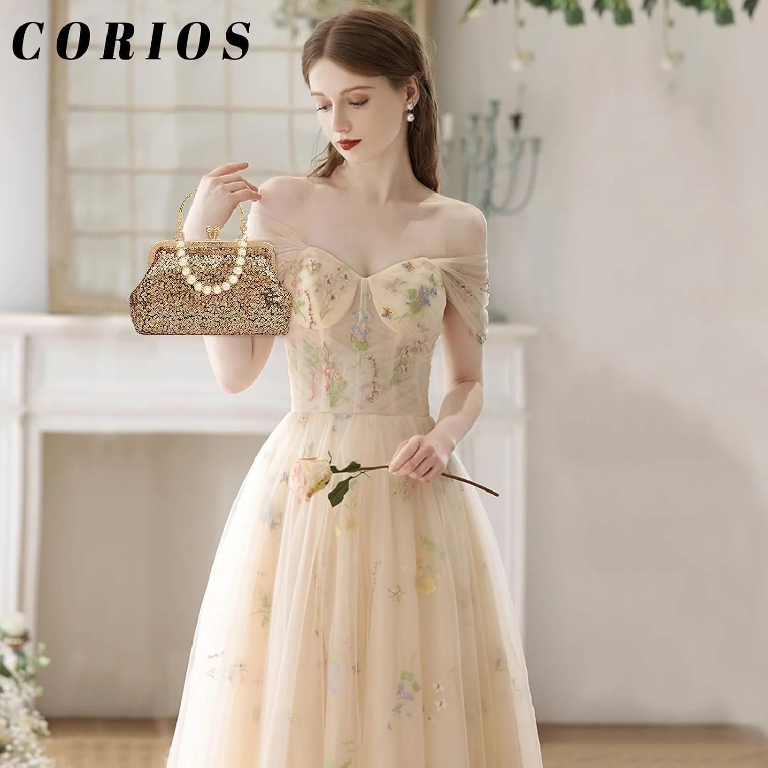 Handbag for Women Bridal Wedding Purse Elegant Beaded Pearl Shoulder Glitter Crossbodyd Vintage Evening Clutch