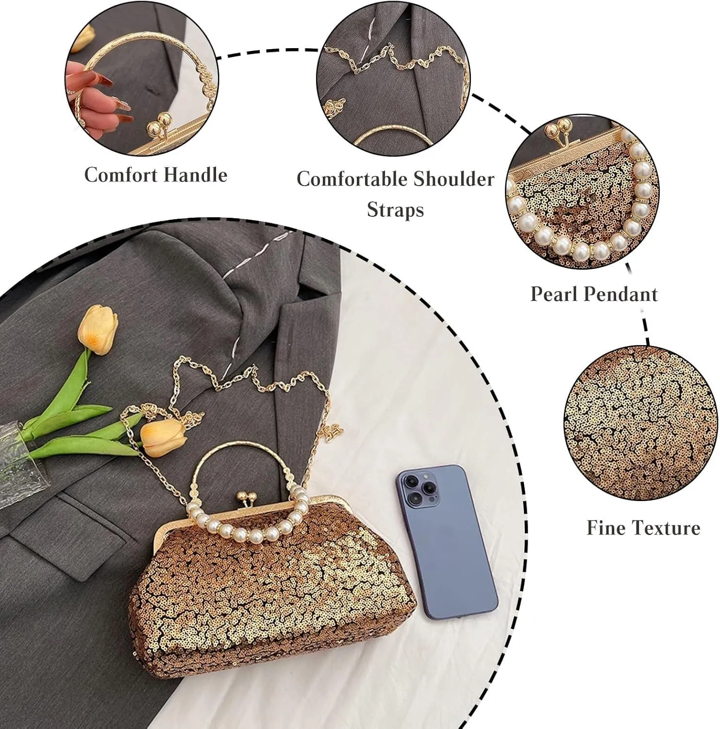 Handbag for Women Bridal Wedding Purse Elegant Beaded Pearl Shoulder Glitter Crossbodyd Vintage Evening Clutch