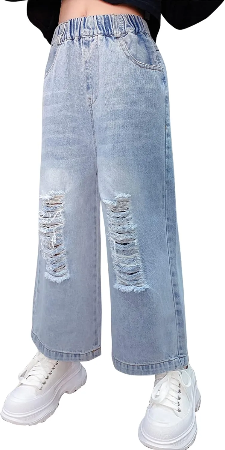 Happy Cherry Girls Jeans Straight Wide Leg Flare Denim Pants for All Seasons 5-15 Y