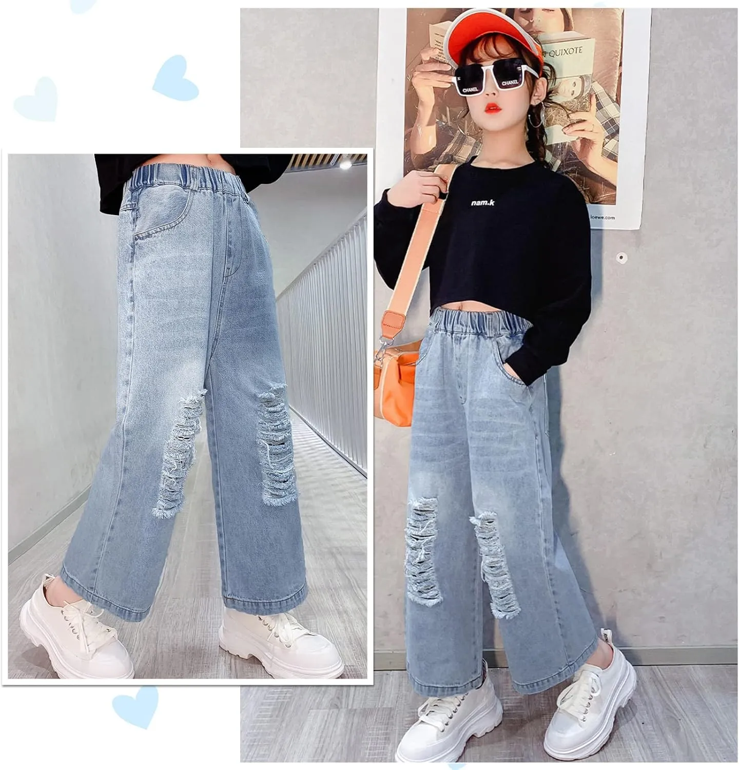 Happy Cherry Girls Jeans Straight Wide Leg Flare Denim Pants for All Seasons 5-15 Y