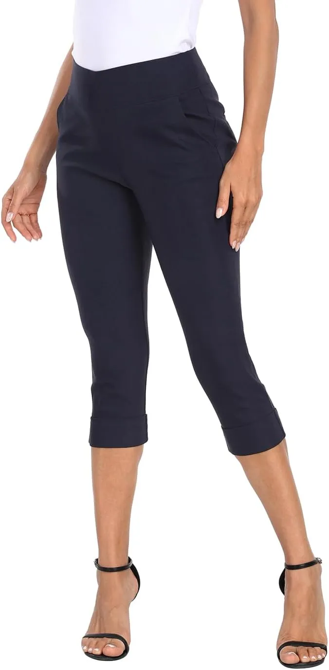 HDE Pull On Capri Pants for Women 19" Inseam Cropped Dress Pants with Pockets