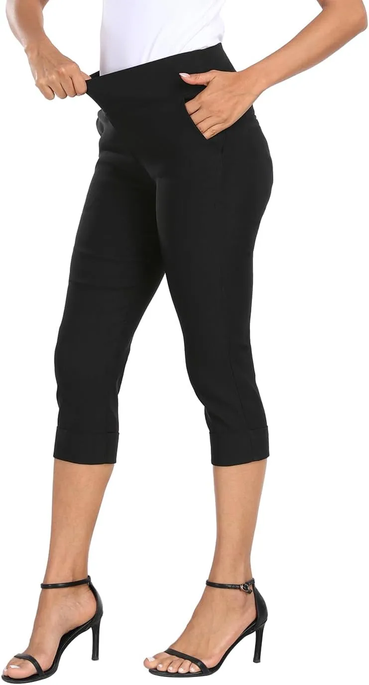 HDE Pull On Capri Pants for Women 19" Inseam Cropped Dress Pants with Pockets