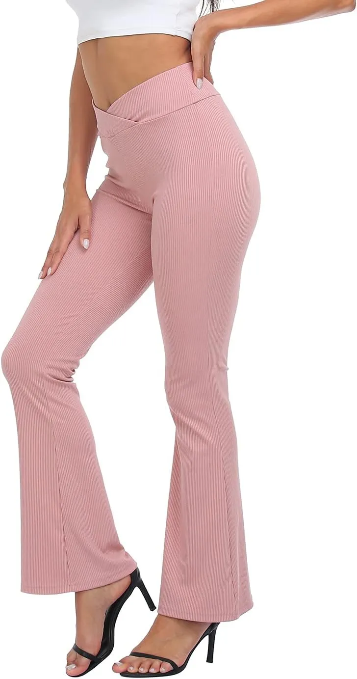 HDE Women's Crossover Flare Yoga Pants Ribbed High Waist Wide Leg Bell Bottoms
