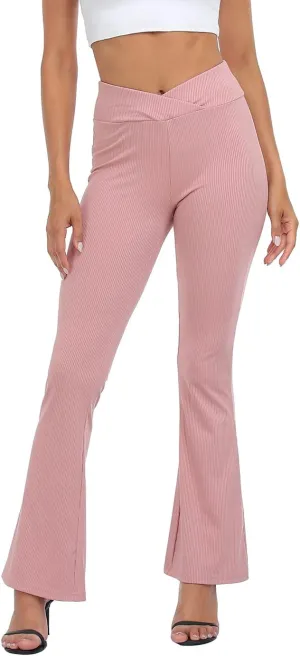 HDE Women's Crossover Flare Yoga Pants Ribbed High Waist Wide Leg Bell Bottoms