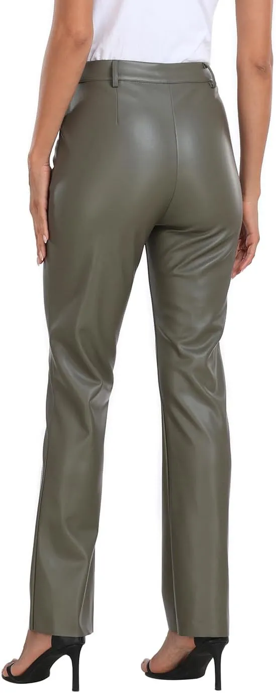 HDE Women's Faux Leather Pants High Waisted Straight Leg Trousers with Pockets