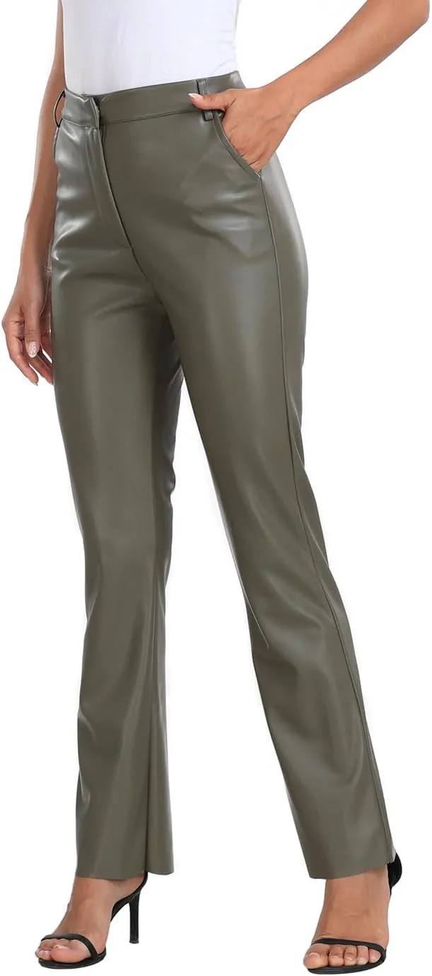 HDE Women's Faux Leather Pants High Waisted Straight Leg Trousers with Pockets