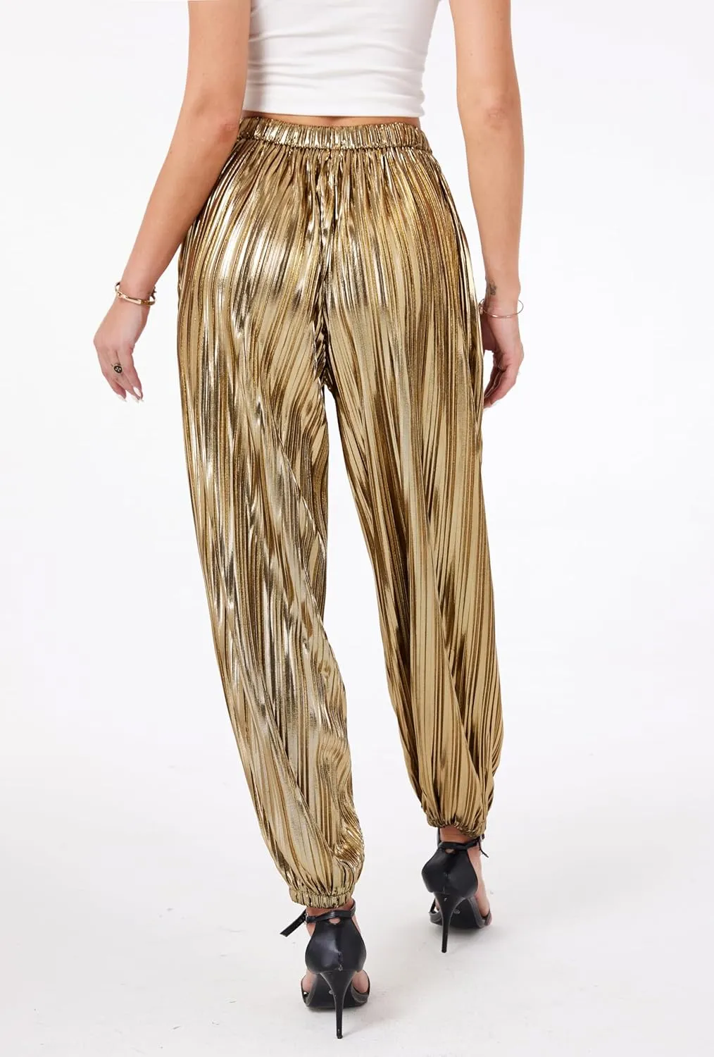 heipeiwa Women's Metallic Pleated Sequin Shiny Joggers Pants Party Club Wear Sweatpant Trouser