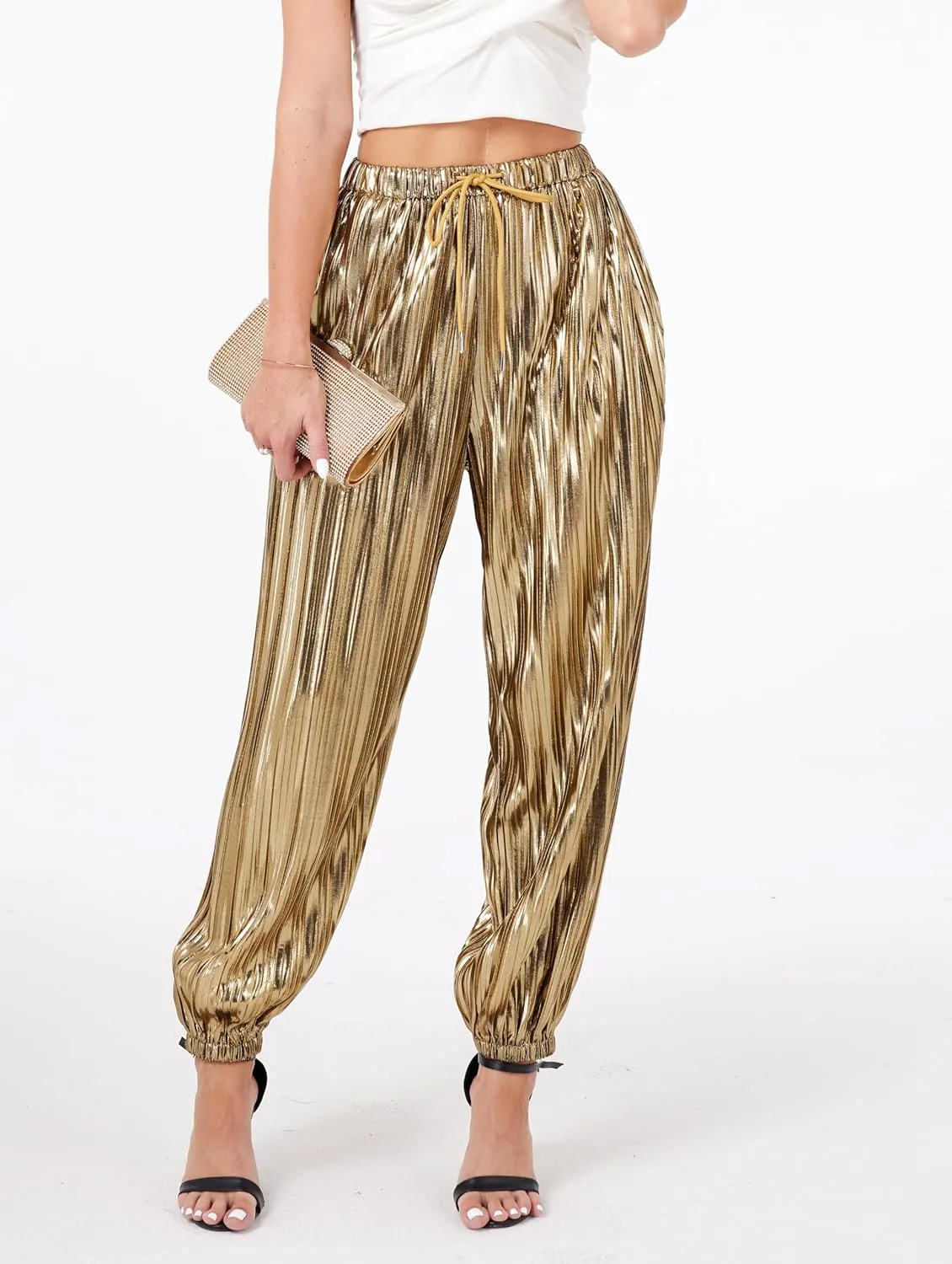 heipeiwa Women's Metallic Pleated Sequin Shiny Joggers Pants Party Club Wear Sweatpant Trouser