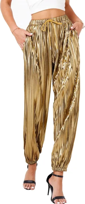 heipeiwa Women's Metallic Pleated Sequin Shiny Joggers Pants Party Club Wear Sweatpant Trouser