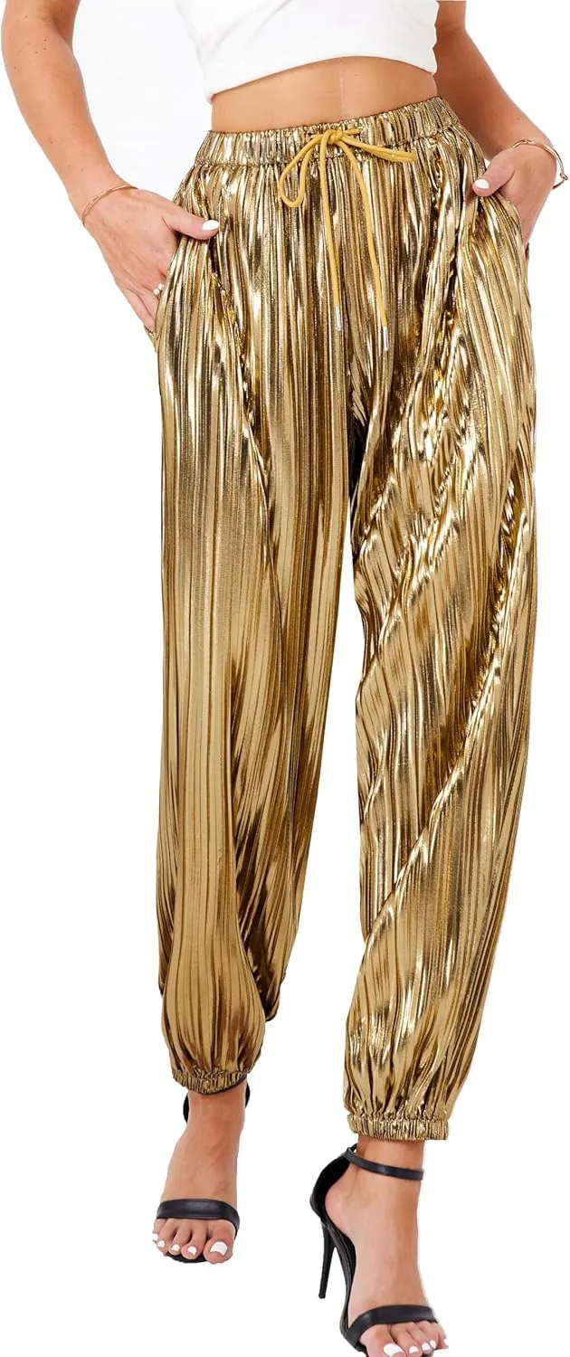 heipeiwa Women's Metallic Pleated Sequin Shiny Joggers Pants Party Club Wear Sweatpant Trouser