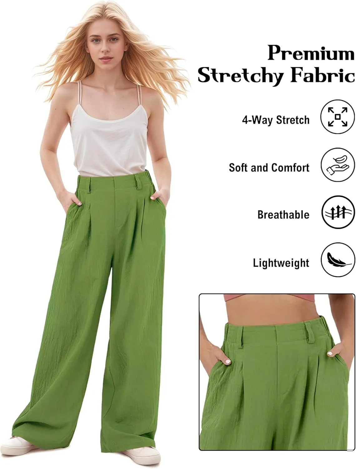 High Waisted Trousers for Women Casual Solid Color Wide Leg Pants, 2 Pockets Front Pleated Elastic Back Waistband