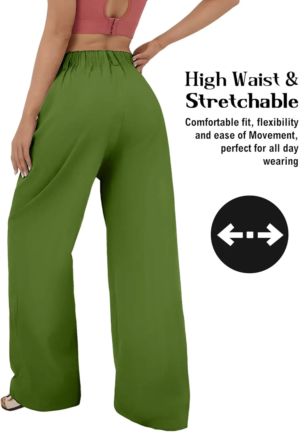 High Waisted Trousers for Women Casual Solid Color Wide Leg Pants, 2 Pockets Front Pleated Elastic Back Waistband