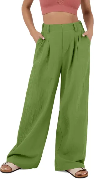 High Waisted Trousers for Women Casual Solid Color Wide Leg Pants, 2 Pockets Front Pleated Elastic Back Waistband