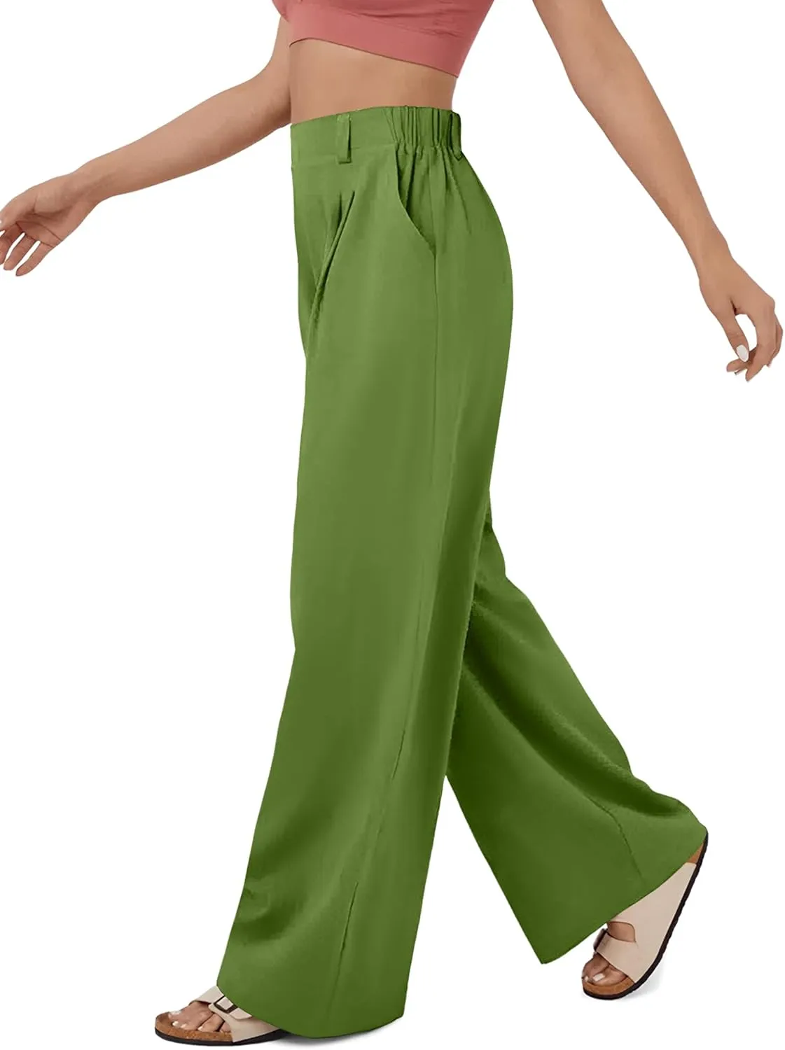 High Waisted Trousers for Women Casual Solid Color Wide Leg Pants, 2 Pockets Front Pleated Elastic Back Waistband
