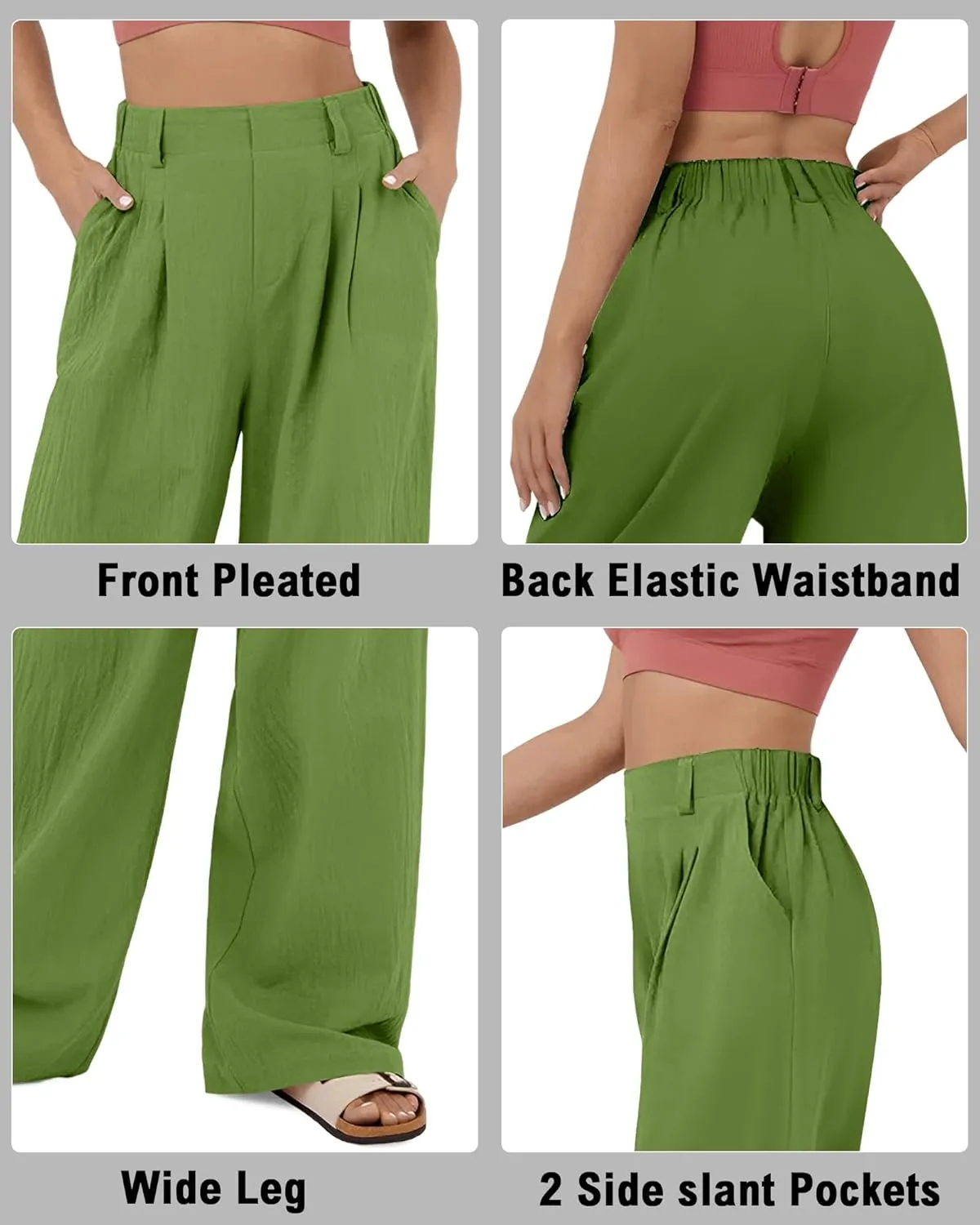 High Waisted Trousers for Women Casual Solid Color Wide Leg Pants, 2 Pockets Front Pleated Elastic Back Waistband