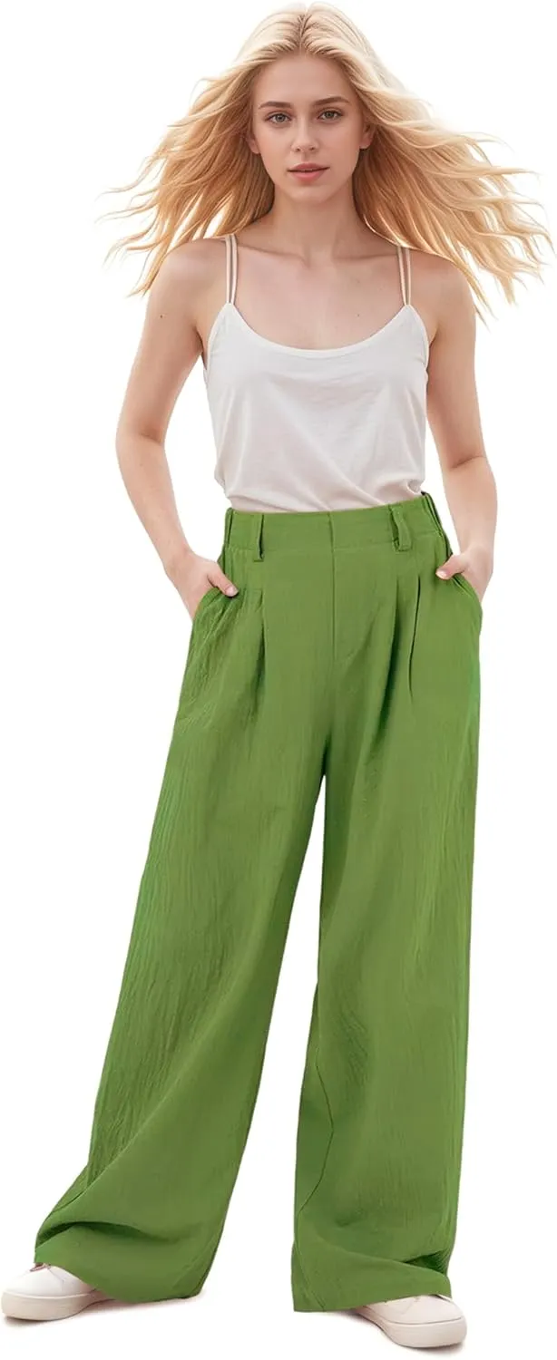 High Waisted Trousers for Women Casual Solid Color Wide Leg Pants, 2 Pockets Front Pleated Elastic Back Waistband