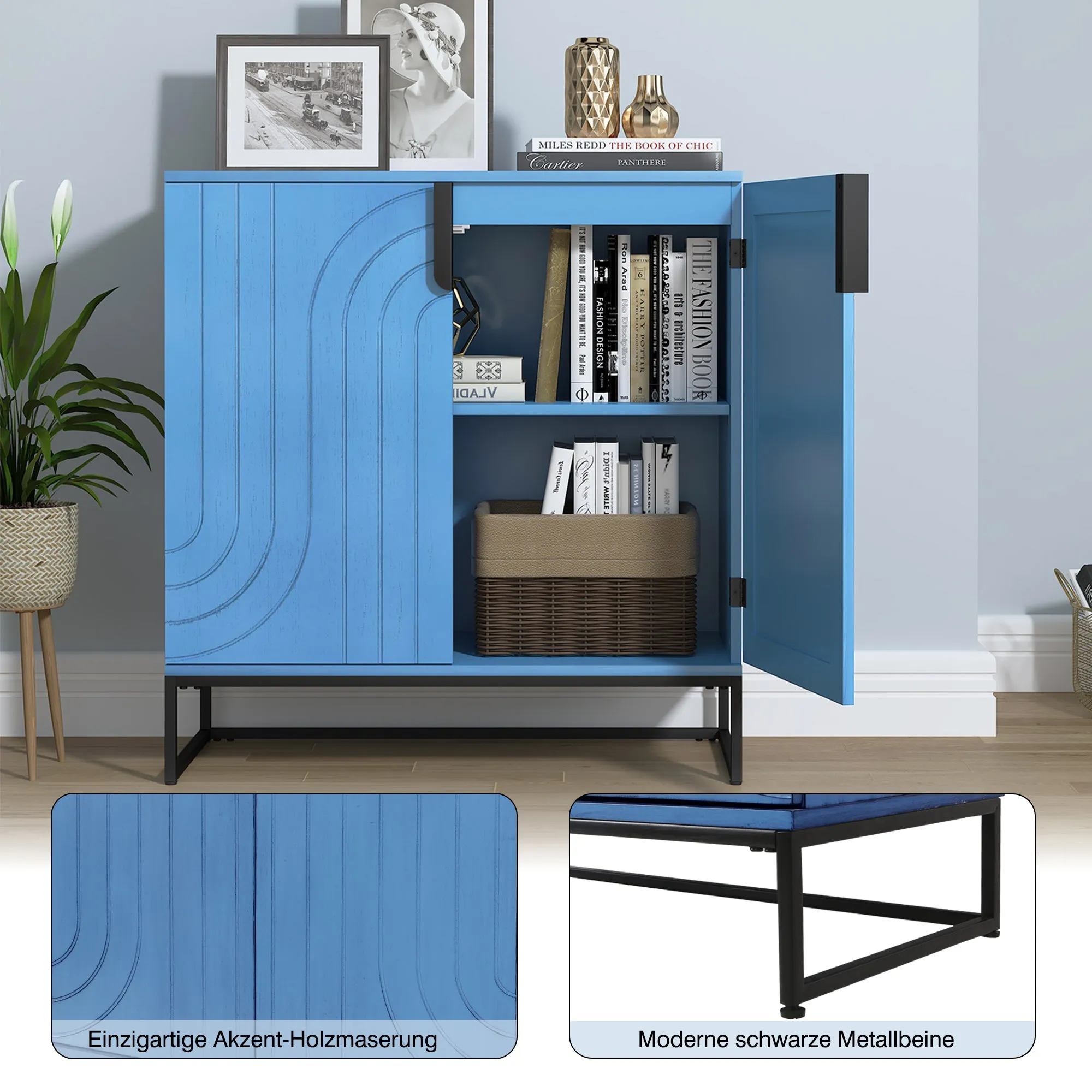 HLR Blue Wood Grain Accent Sideboard Cabinet with 2-Door Storage & Gold Metal Legs  Stylish Organizer for Living, Dining, Kitchen & Entryway