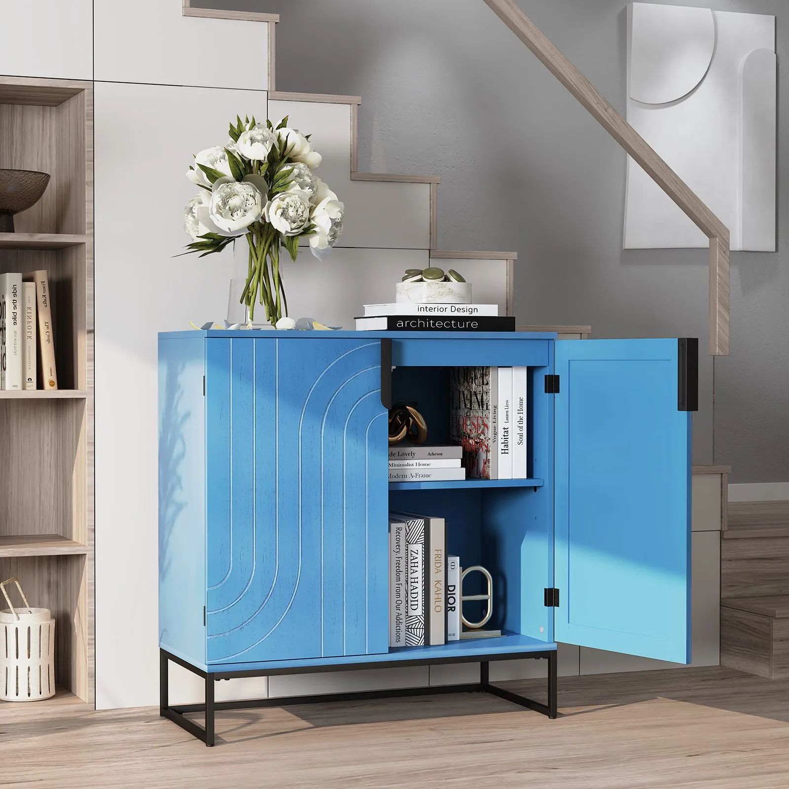 HLR Blue Wood Grain Accent Sideboard Cabinet with 2-Door Storage & Gold Metal Legs  Stylish Organizer for Living, Dining, Kitchen & Entryway