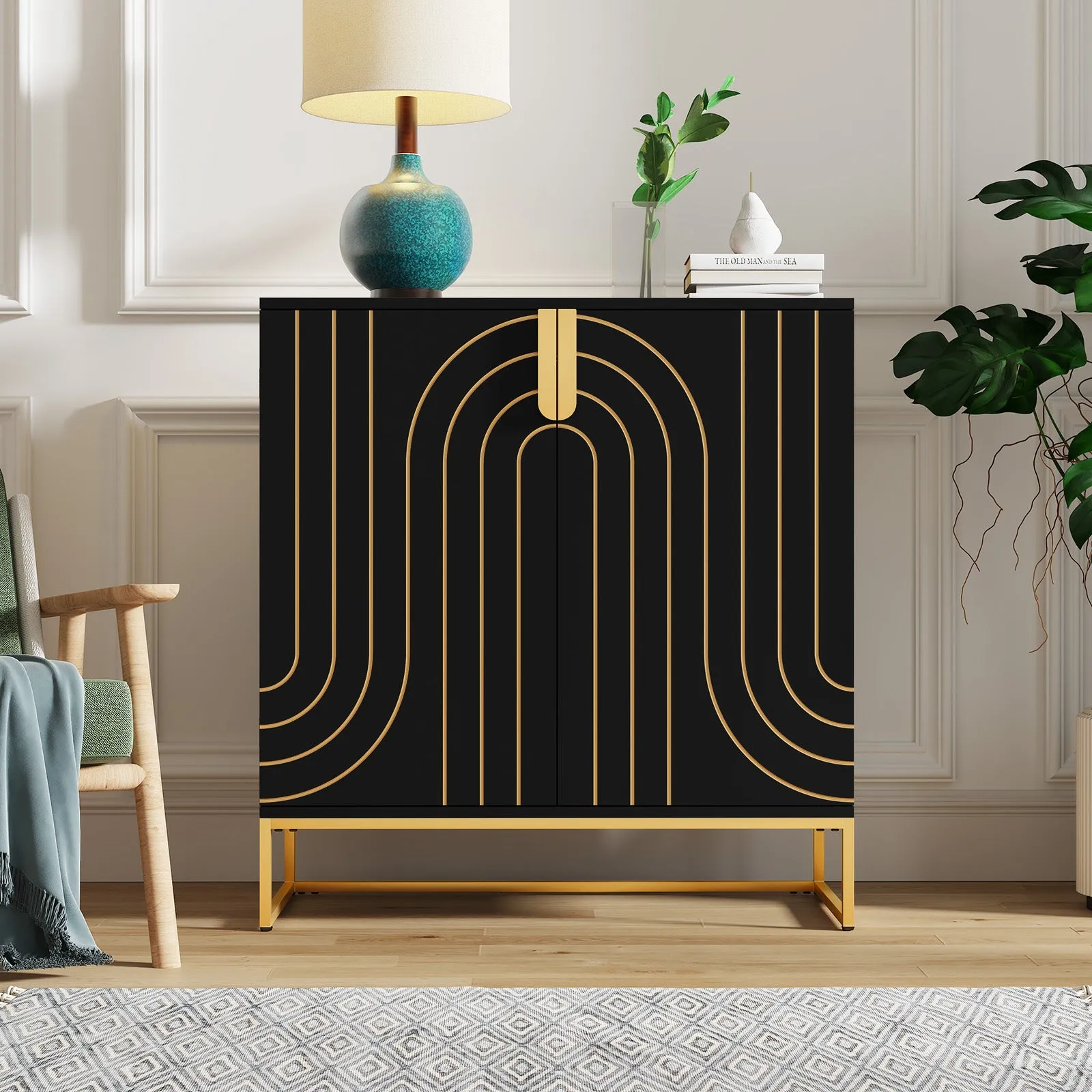 HLR Blue Wood Grain Accent Sideboard Cabinet with 2-Door Storage & Gold Metal Legs  Stylish Organizer for Living, Dining, Kitchen & Entryway