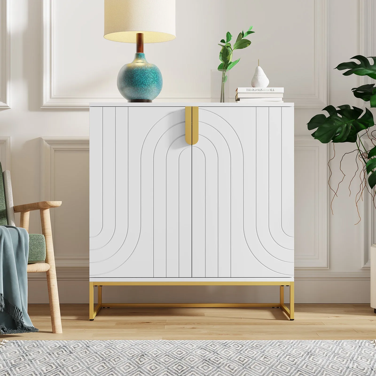 HLR Blue Wood Grain Accent Sideboard Cabinet with 2-Door Storage & Gold Metal Legs  Stylish Organizer for Living, Dining, Kitchen & Entryway