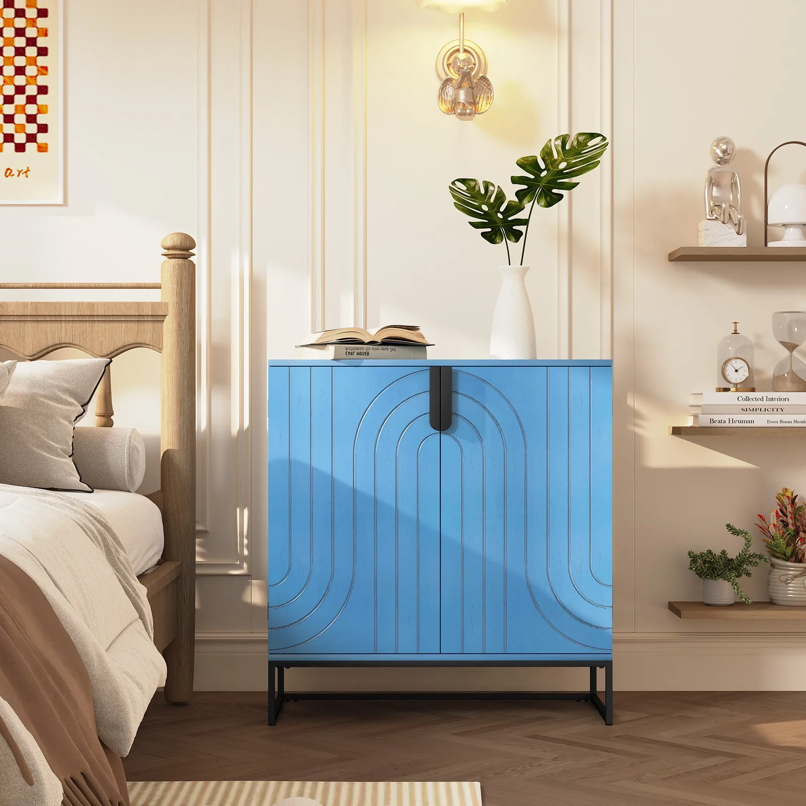 HLR Blue Wood Grain Accent Sideboard Cabinet with 2-Door Storage & Gold Metal Legs  Stylish Organizer for Living, Dining, Kitchen & Entryway