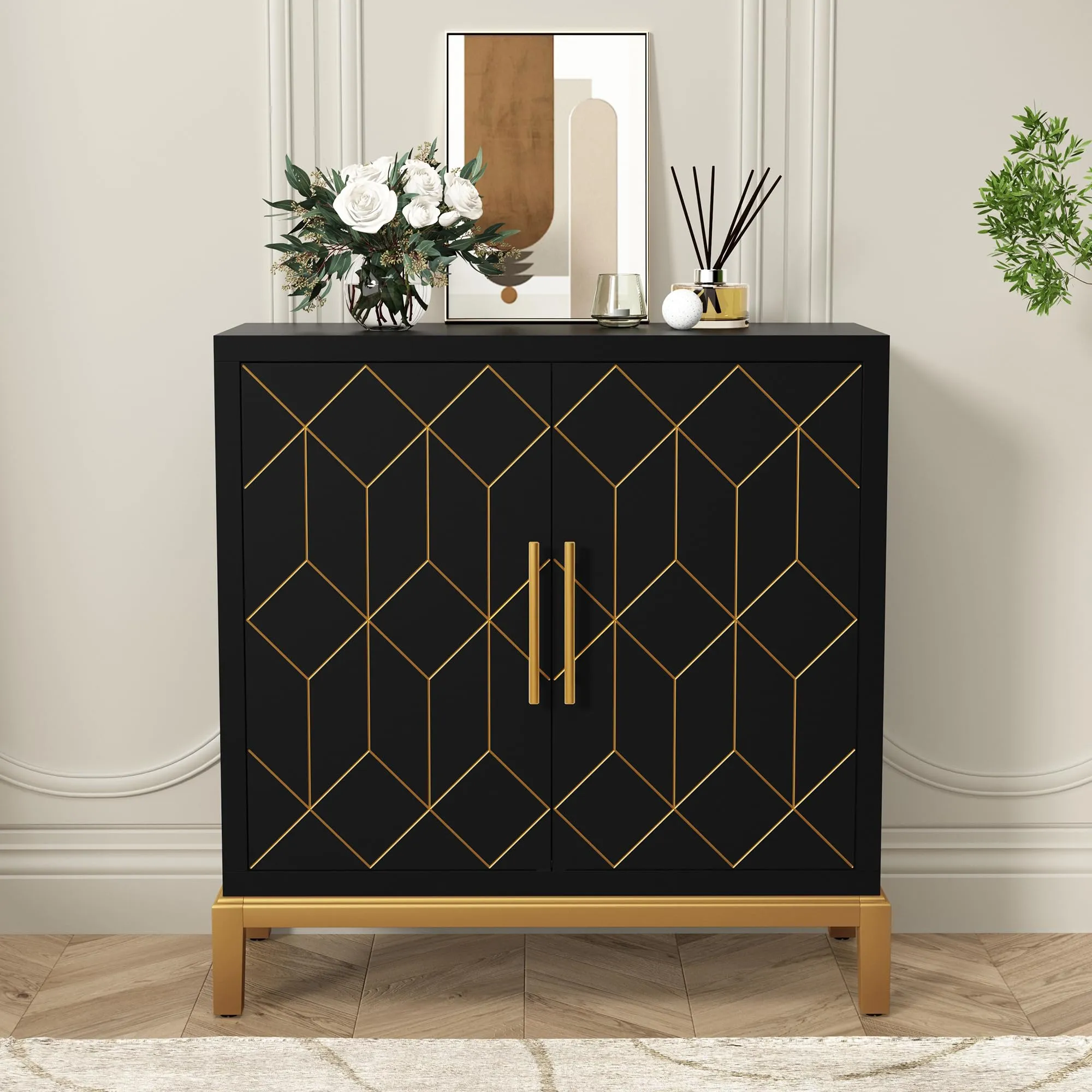 HLR White Modern Wooden Accent Sideboard with Carved Decorative Doors, Storage Cabinet for Living, Kitchen, Office & Hallway