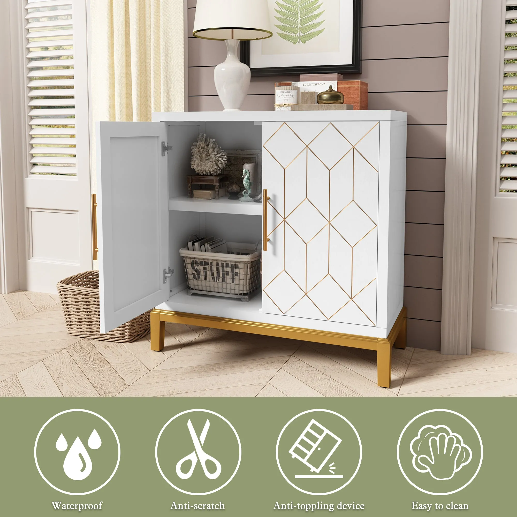 HLR White Modern Wooden Accent Sideboard with Carved Decorative Doors, Storage Cabinet for Living, Kitchen, Office & Hallway