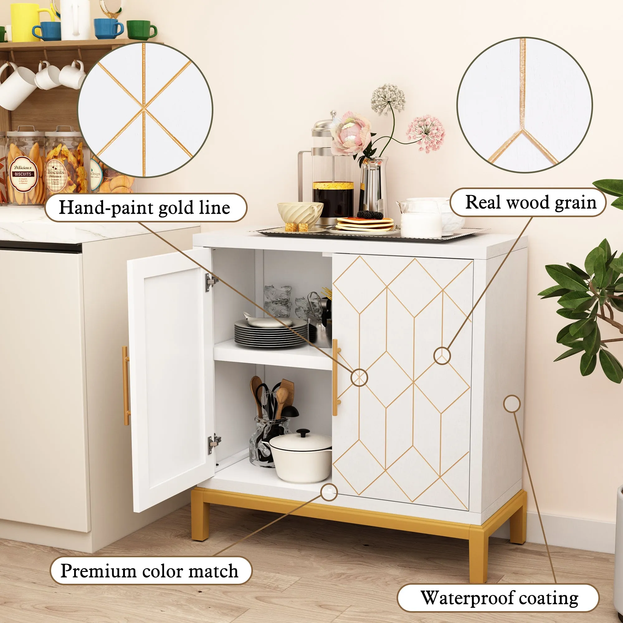 HLR White Modern Wooden Accent Sideboard with Carved Decorative Doors, Storage Cabinet for Living, Kitchen, Office & Hallway