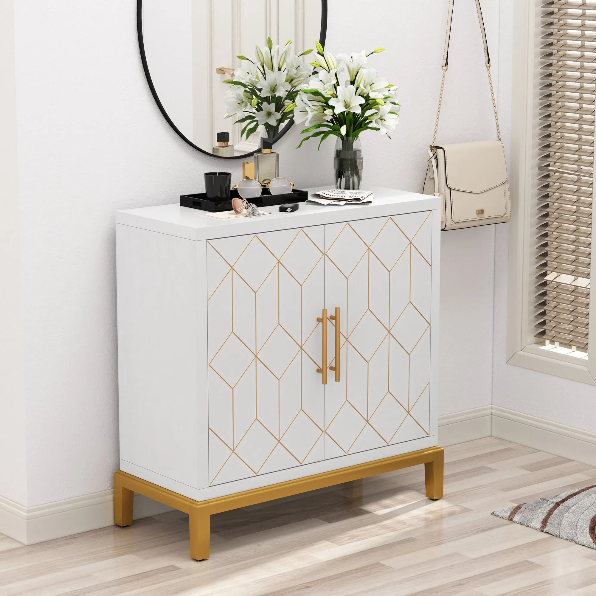 HLR White Modern Wooden Accent Sideboard with Carved Decorative Doors, Storage Cabinet for Living, Kitchen, Office & Hallway