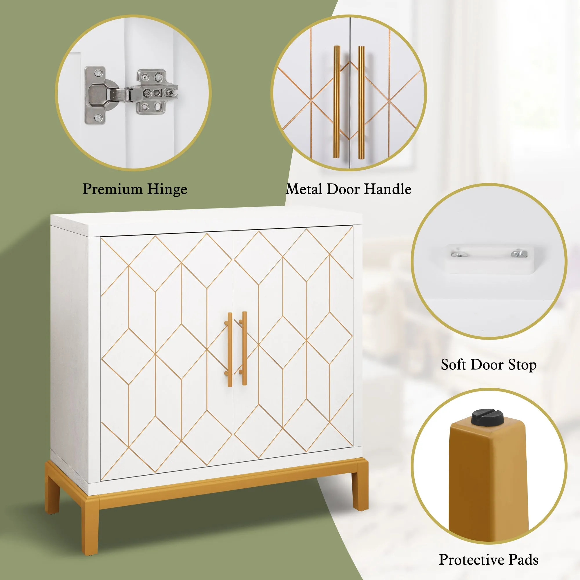 HLR White Modern Wooden Accent Sideboard with Carved Decorative Doors, Storage Cabinet for Living, Kitchen, Office & Hallway