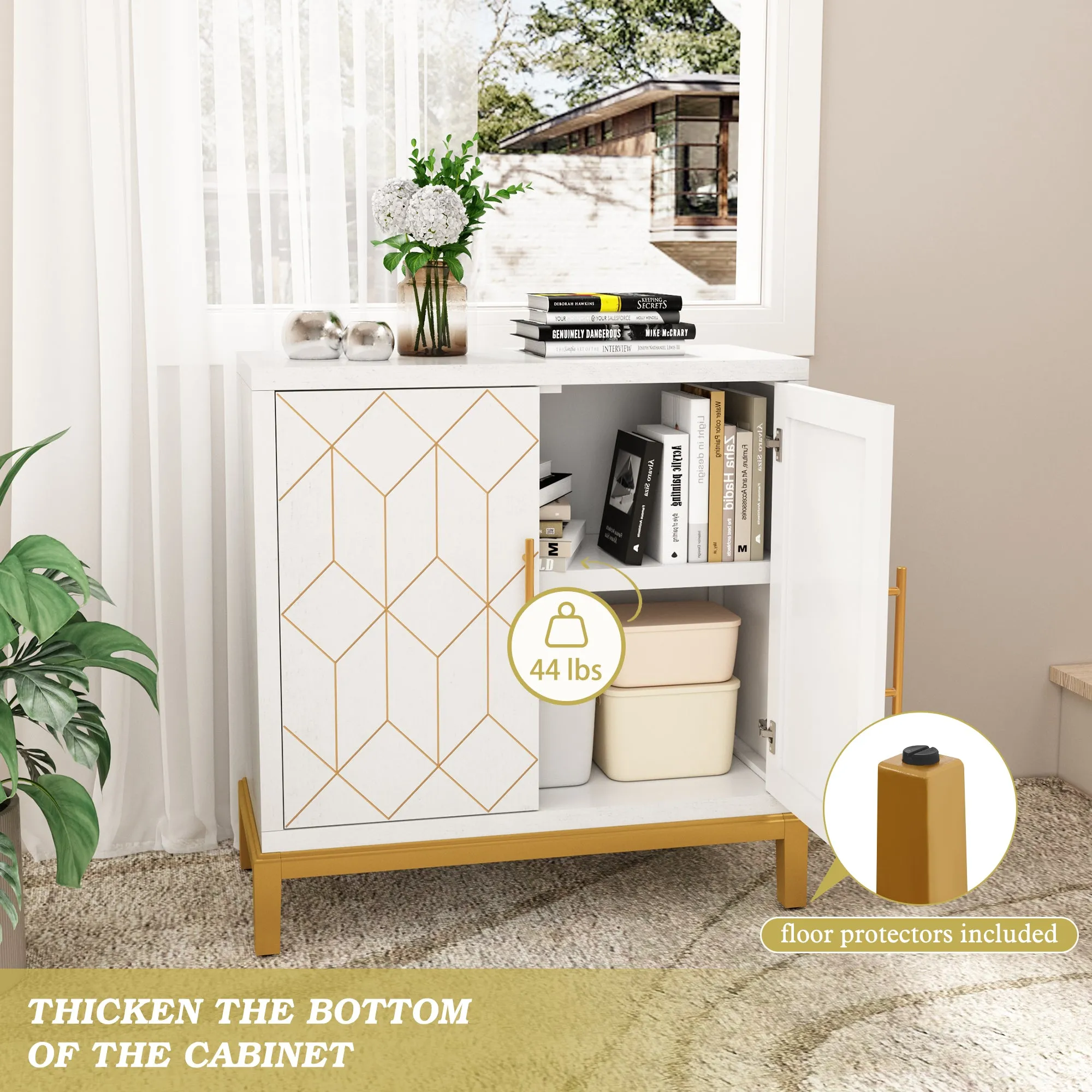 HLR White Modern Wooden Accent Sideboard with Carved Decorative Doors, Storage Cabinet for Living, Kitchen, Office & Hallway