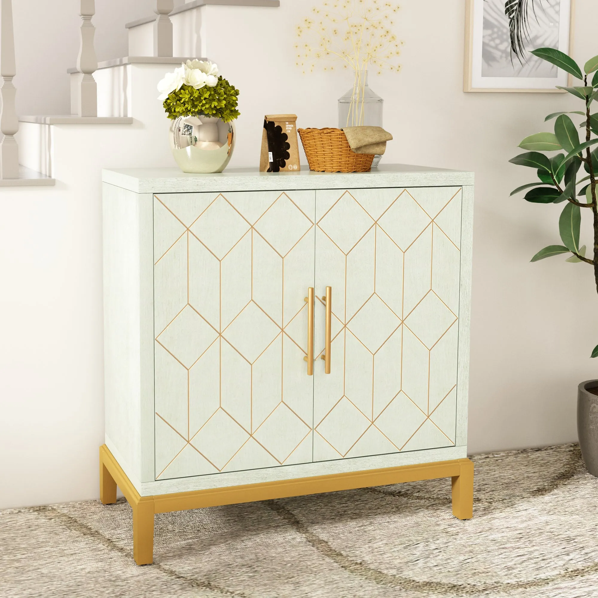 HLR White Modern Wooden Accent Sideboard with Carved Decorative Doors, Storage Cabinet for Living, Kitchen, Office & Hallway