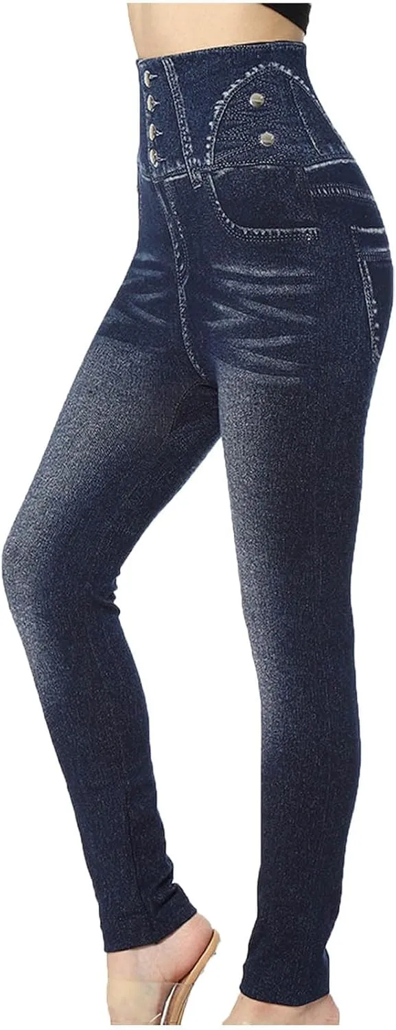 hlysgo Skinny Faux Jeans for Women High Waist Stretchy Slimming Jeggings Denim Print Leggings Trousers Pants