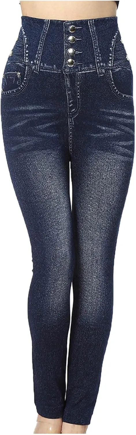 hlysgo Skinny Faux Jeans for Women High Waist Stretchy Slimming Jeggings Denim Print Leggings Trousers Pants